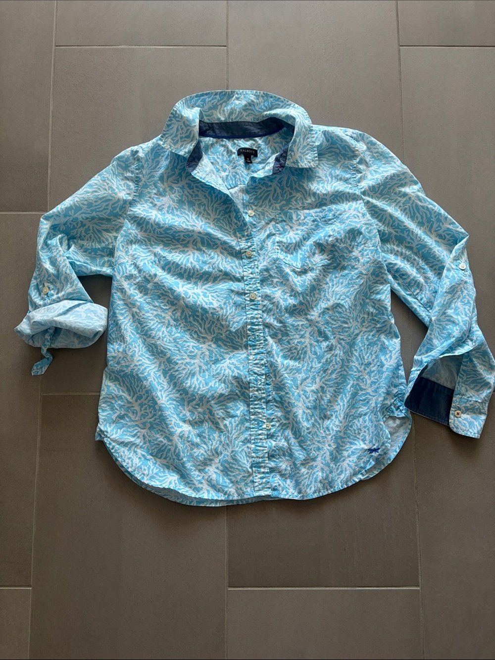 Talbots Aqua and White Coral-Print Button-Down Shirt